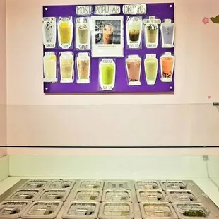 a display of yogurt and boba tea