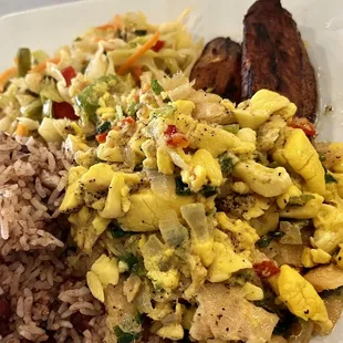 Ackee and Salt Fish Dinner.  It's on the salty side due to salty fish.