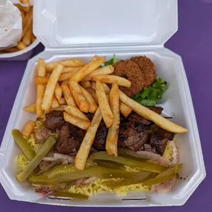 a sandwich and french fries in a styrofoam container