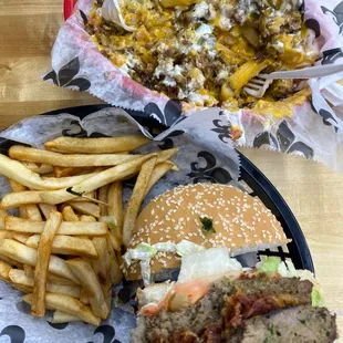 a hamburger and fries
