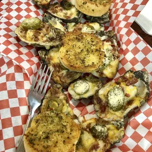 Broiled Oysters with cheese, bacon, and jalapeño