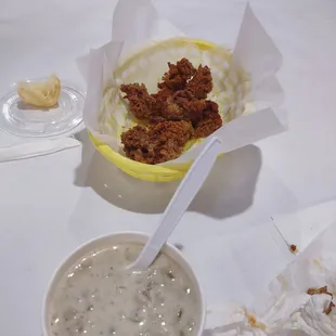 Fried (overly) oysters and small (very) clam chowder.