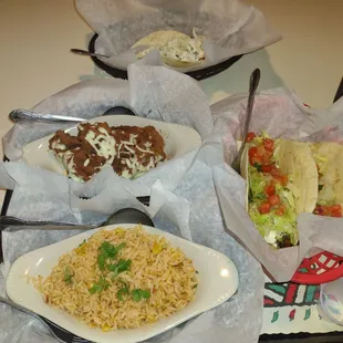 Mahi Mahi taco, 2csteak tacos, rice and beans