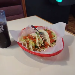Chicken, shrimp, and steak tacos for lunch