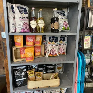 a shelf full of food items