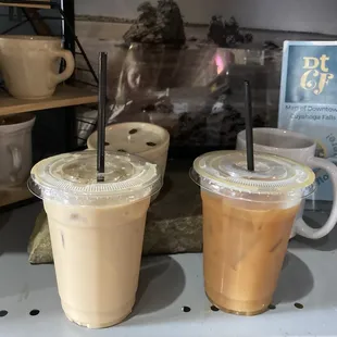 Elderflower latte on the left, iced coffee with almond milk on the right