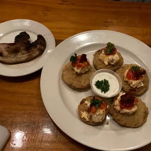 Appetizers: fried green tomatoes topped with pimento cheese, pepper jelly &amp; bacon crumbles... Delicious side of bacon/pork belly