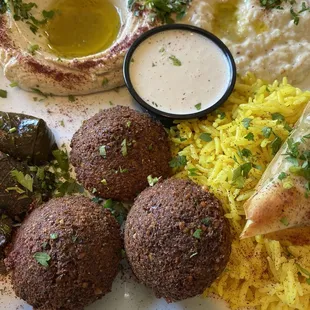 Vegetarian Plate with Hummus, Falafel, dolma, Baba Ghanouj, Spanakopia, Tahini Sauce