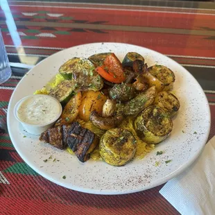 Veggie kabob over rice