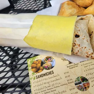 Falafel Wraps have lots of options for the contents inside, so variable. $9.99
