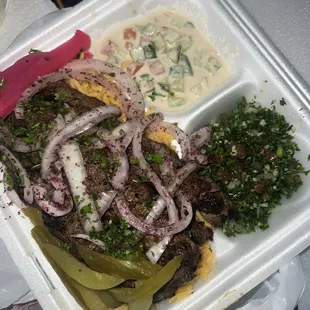 Grilled Kufta Kebab, Tabbouleh Salad, and Tahini Salad