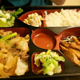 Dinner @Yagura Restaurant last eve; 3/4/2024. Hubby David ordered a Dinner Combo Plate, (2 Choices) BBQ Chicken &amp; Pork Tofu. $20.95+ tax.