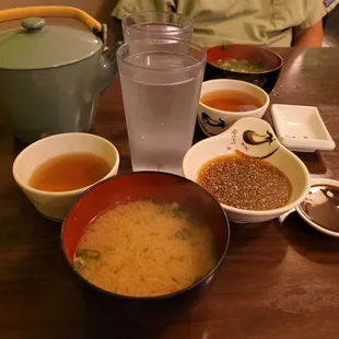 Dinner@Yagura tonight 1/18/2023.Miso Soups x2,Hot Tea,H2o x2,my Tempura Dipping Sauce,David dish 4his Sashimi.We R always da last 2Leave.Lol