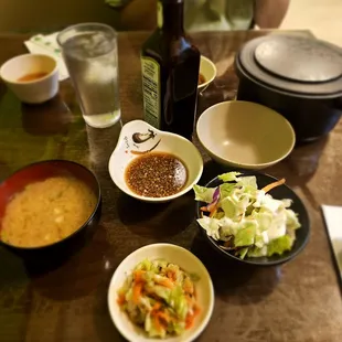 Dinner @Yagura; 2/28/2025. All the sides that comes w/your Meals. Miso Soup, Tsukemono, tossed Salad w/Combo Meals, &amp; Rice :) lol