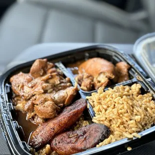 Brown Stew Chicken, Plantains &amp; rice