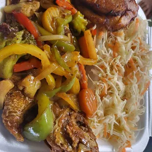 Seasoned Well Jerk Fish, Sweet Plantain with Raw Cabbage