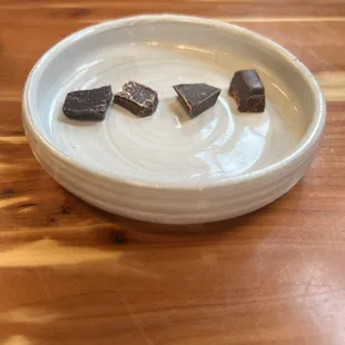 Chocolate samples on their cute pottery plates!