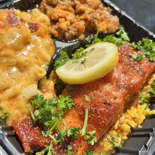 Mac and cheese, salmon, sweet potatoes