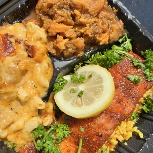 Mac and cheese, salmon, sweet potatoes
