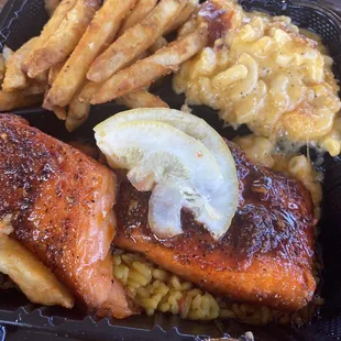 Salmon and rice with Mac and cheese, fries