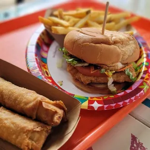 Egg Rolls and a Hot Honey Chicken Sammy