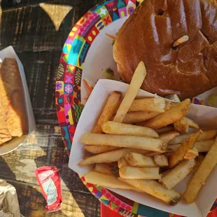 Kobe Beef Burger with French Fries and Egg Rolls.