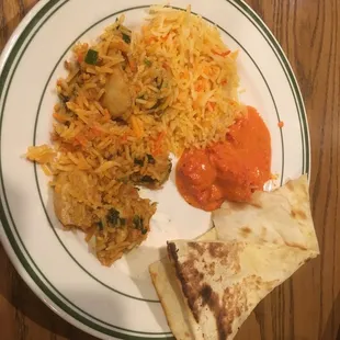 Chicken tikka masala, rice, biryani, buttered naan