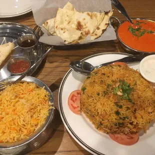 Chicken tikka masala, rice, biryani, buttered naan