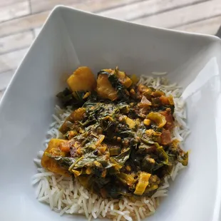 Aloo-saag curry Rayo Saag, potatoes, garam, salt, cilantro, ginger-garlic paste, and yak n yeti masala