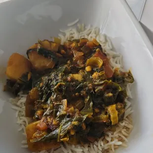 Aloo-saag curry Rayo Saag, potatoes, garam, salt, cilantro, ginger-garlic paste, and yak n yeti masala