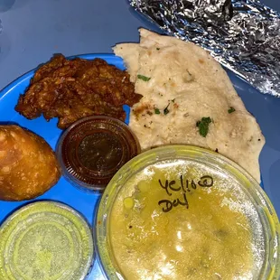 Samosa, mixed vegetables pakora, garlic naan, Yellow dal