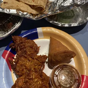 Samosas, Mixed Vegetable Pakoras, Tandoori Roti