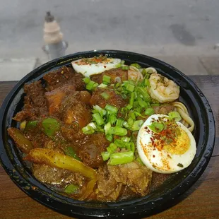 Shrimp, chicken, and beef bowl