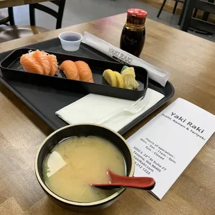 I customer the salmon for two sashimi, and two nigiri with miso soup.