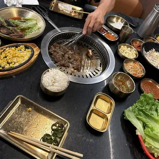 Bulgogi, cheese corn, lettuce wraps, rice