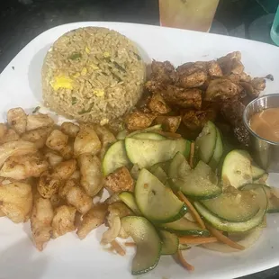 Chicken and shrimp hibachi with rice and veggies