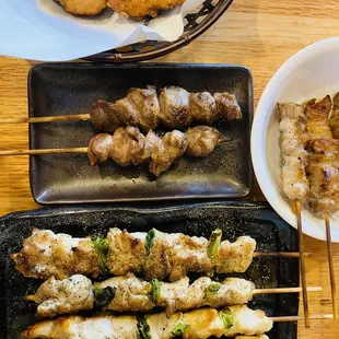 Chicken Karaage (Top), Heart-Tare (Middle), Mune Glad-Yaki (Bottom), Buta-Bara (Right)