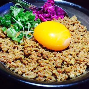 Tori soboro don (ground chicken with poached egg over rice, $4.50)