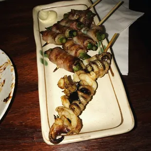 squid skewer &amp; asparagus wrapped with bacon skewer