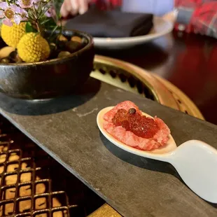 Beef (A5 NY strip?) tartare with jelly and truffle oil