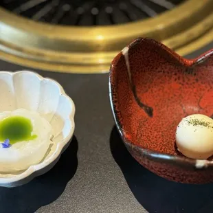 Sorbet and matcha ball dessert, very nice