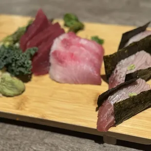 Toro, maguro and yellowfin sashimi and homemade wasabi