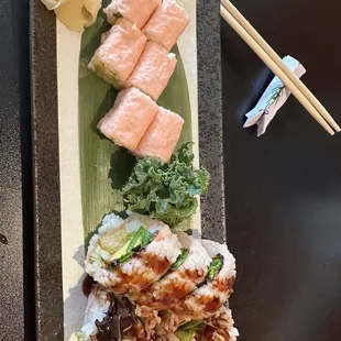 Soy paper wrapped avocado and traditional shrimp tempura rolls.
