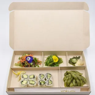 Our Vegan Box - choice of 2 salads, edamame, cucumber roll &amp; avocado roll