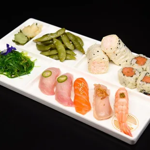 Classic Box - Yellowtail, Salmon, Albacore, Shrimp &amp; choice of salad and 2 rolls