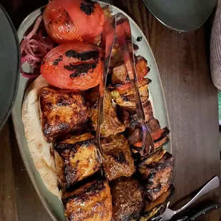 Kabobs from left to right. Salmon, Beef, Lamb