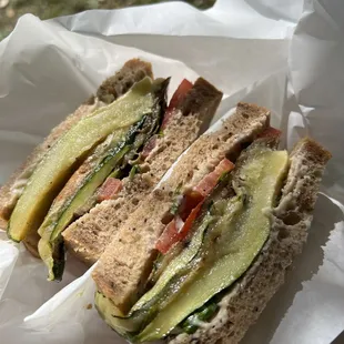Grilled vegetable sandwich! Comes with zucchini, eggplant, tomato.