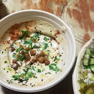 Hummus Plate ($6) [left]  Chicken Shawarma Bowl ($13) [right]