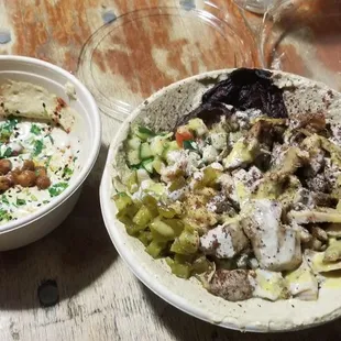 Hummus Plate ($6) [left]  Chicken Shawarma Bowl ($13) [right]