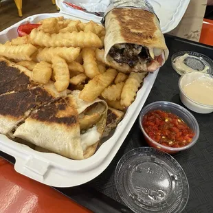 Chicken shawarma platter and steak shawarma wrap